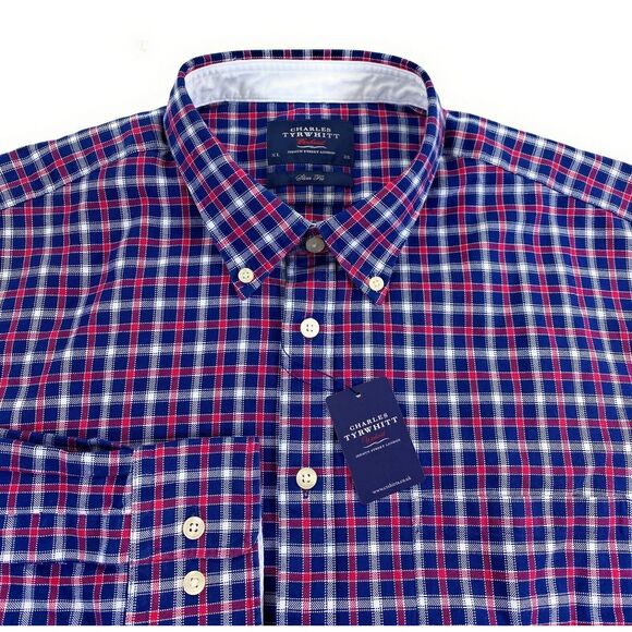 NWT Charles Tyrwhitt Weekend Men's SLIM FIT Blue‎ Red Check Oxford Shirt XL - Picture 1 of 10